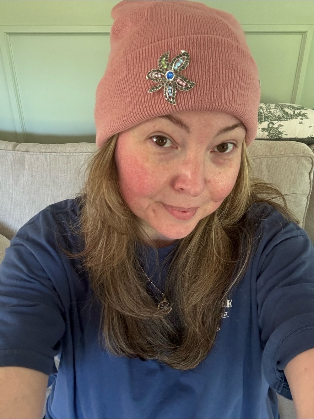 Pink Knit Beanie with Floral Jewel Pin